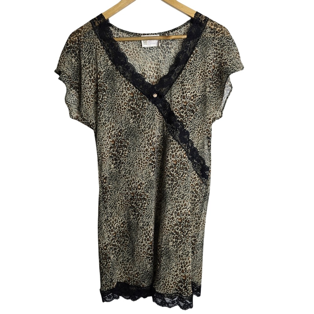 California‎ Dynasty Leopard Print Lace Trim Short Sleeve Kimono Cover Up Size S